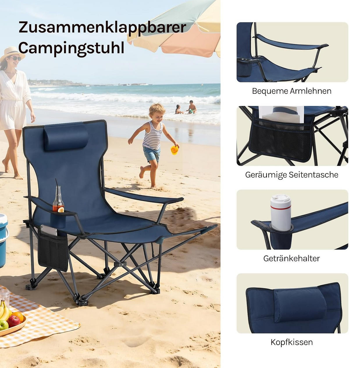 CAMPINGSTUHL Faltbar 2er Set mit Fußablage Blau - Blau, Textil (84/88.5/160cm) - Woltu