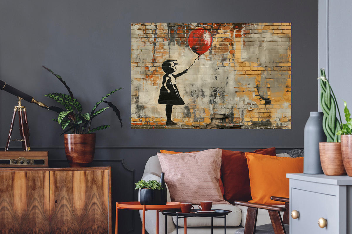 WANDTATTOO Graffiti - Banksy - Mädchen - Straßenkunst 120x80 cm - Sandfarben, Kunststoff (120/80/0.1cm) - MuchoWow