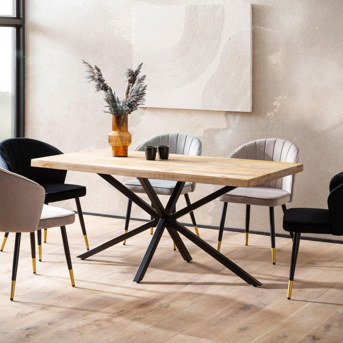 ESSTISCH Massivholz Metall Sterngestell Rechteckig Industrial, Mango 180x90x76 cm - Schwarz/Braun, Holz/Metall (90/180/76cm) - KADIMA DESIGN