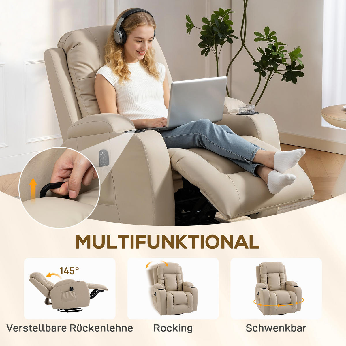 RELAXSESSEL elektrisch verstellbar Massagesessel mit Liegefunktion, Heizung - Hellgrau/Creme, Textil (82/103/99cm) - HOMCOM