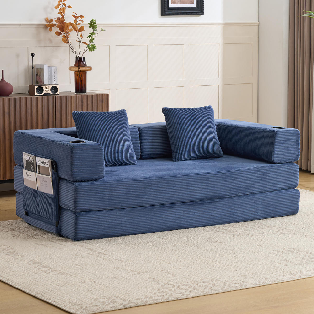 SCHLAFSOFA DE-33515 faltbar mit Becherhalter Dunkelblau - Dunkelblau, Textil (185/60/92.5cm) - ComfortXL