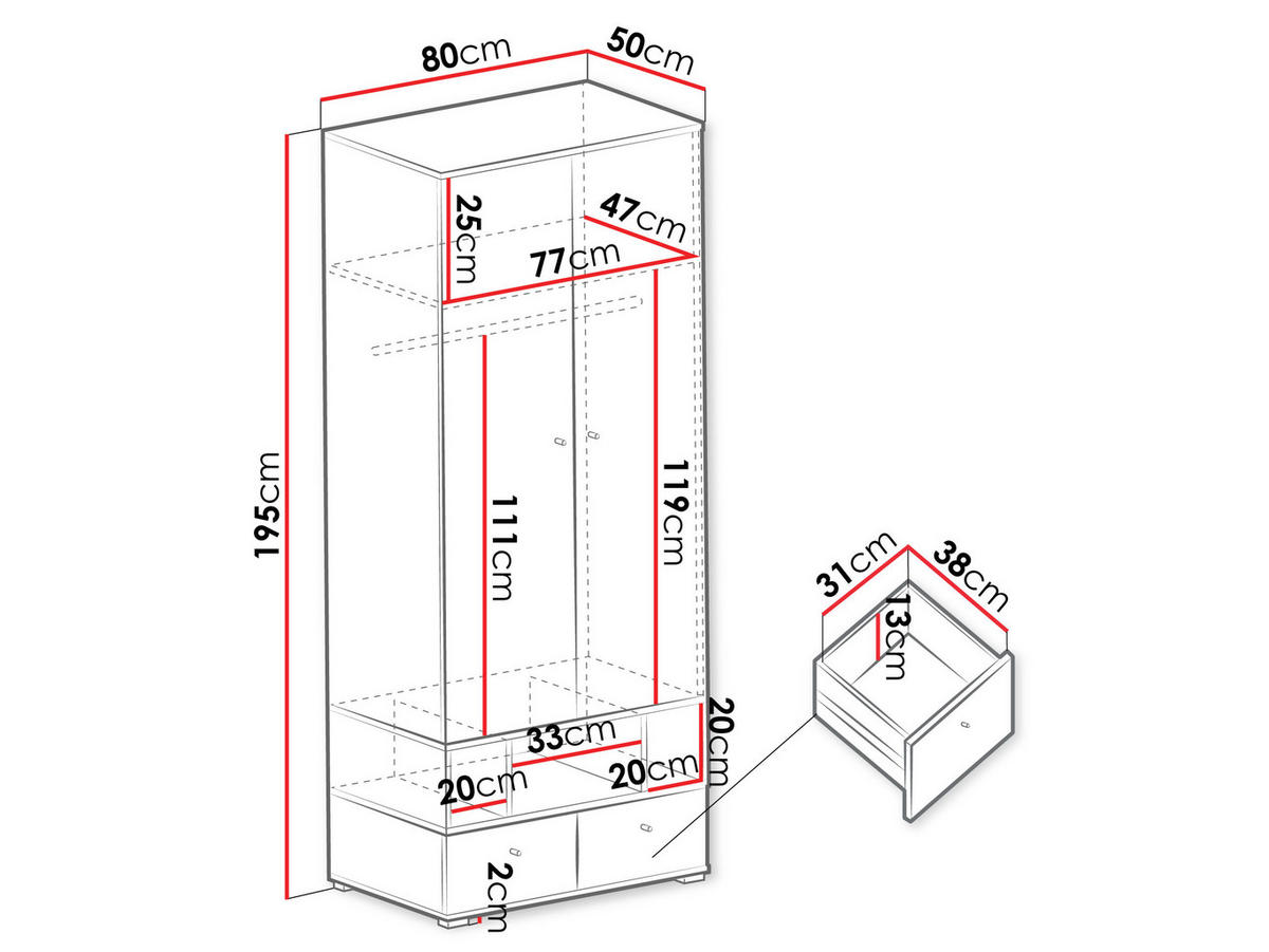 KLEIDERSCHRANK Oro OR01 - Schwarz/Naturfarben, Holzwerkstoff/Kunststoff (50/195/80cm) - MIRJAN24