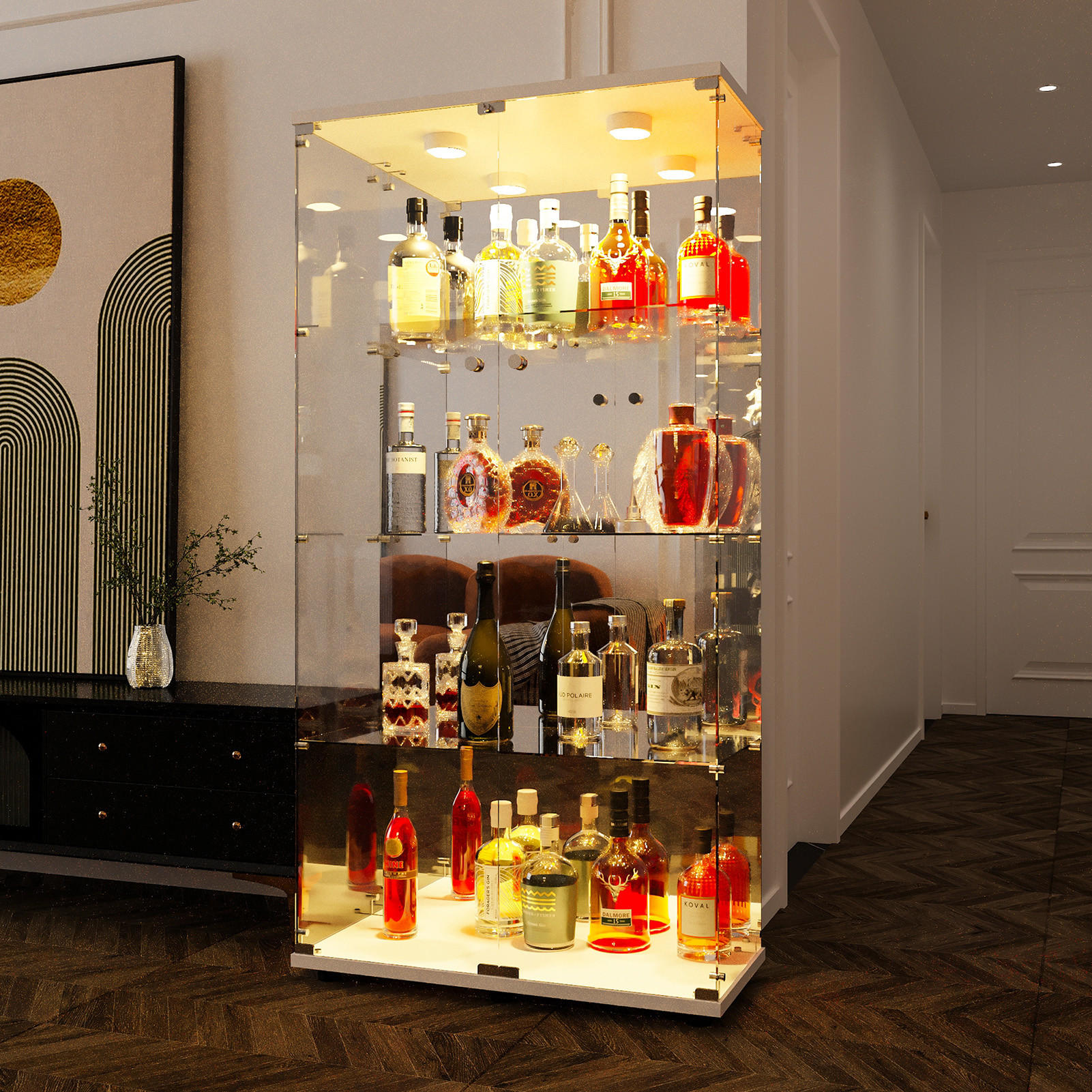 GLASVITRINE Standvitrine, 4 Lagen Glas Vitrine Vitrinenschrank,2 Türen, LED Lampe Und Schloss, Weiß - Weiß, Glas (36/164/80cm)