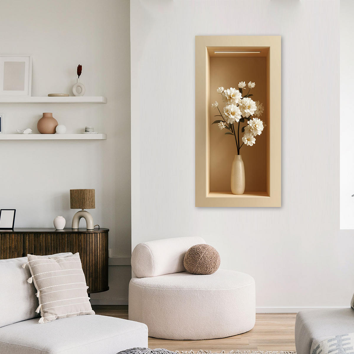 LEINWANDBILD Weiße Blumen in einer Vase in 3D 50x100cm - Beige, Textil (50/100cm) - Feeby