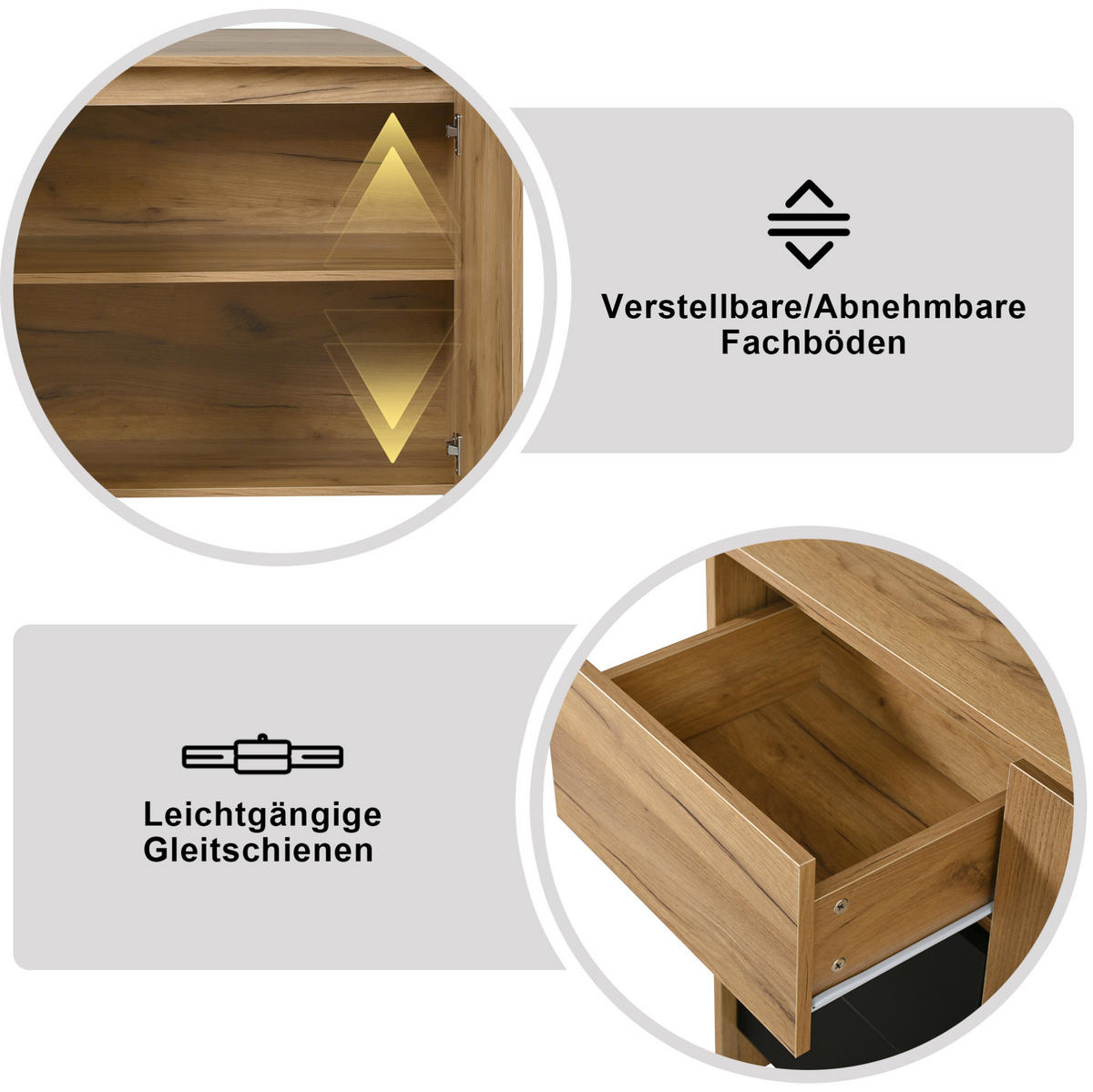 SIDEBOARD aus Spanplatte 105x40x76 cm Natur/Schwarz mit LED-Beleuchtung, 3 Schubladen und 2 Türen - Schwarz, Holzwerkstoff (120/76/40cm) - Modfu