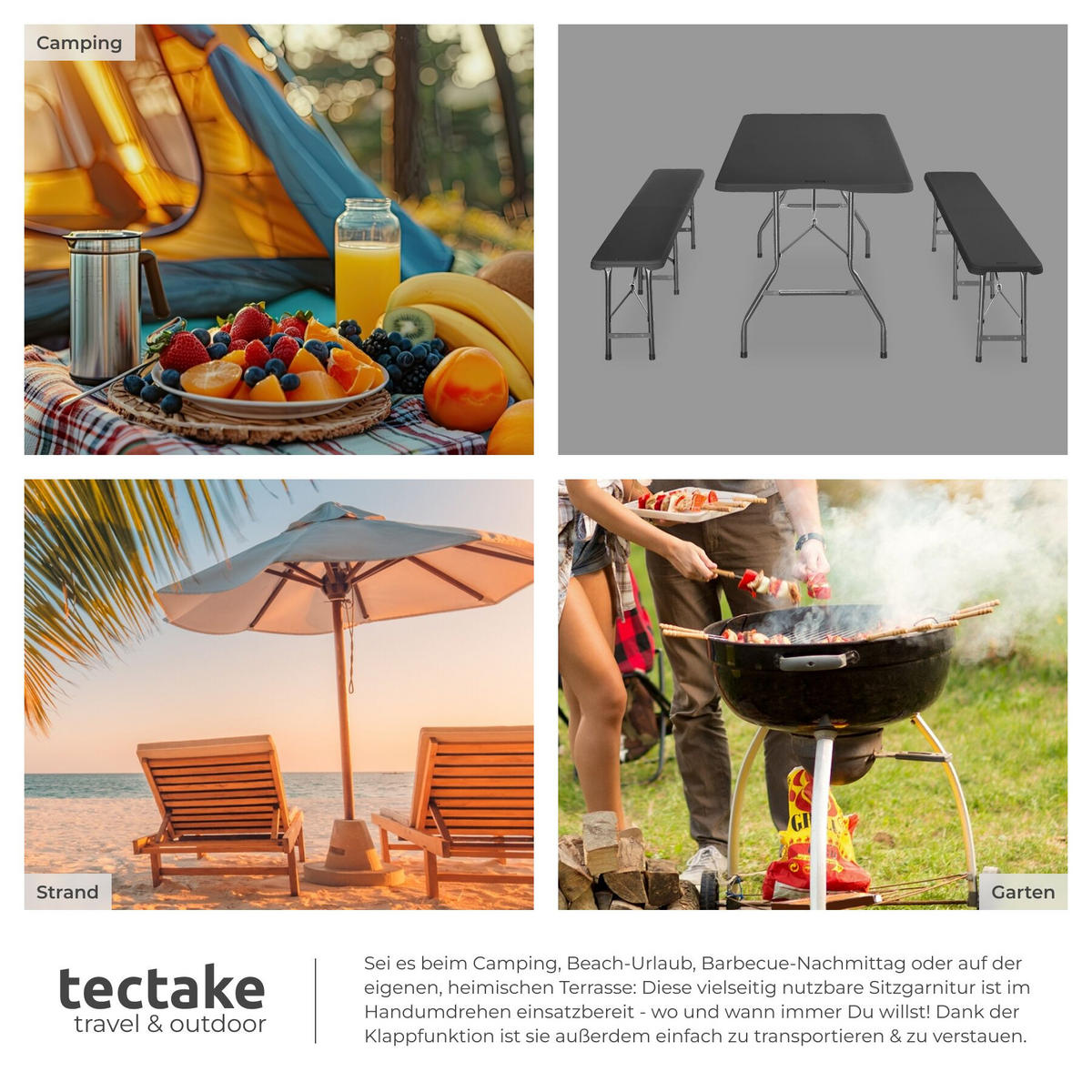 CAMPINGTISCHGARNITUR Panja, gummierte Tragegriffe, anthrazit - Anthrazit, Kunststoff (70/180/74cm) - tectake