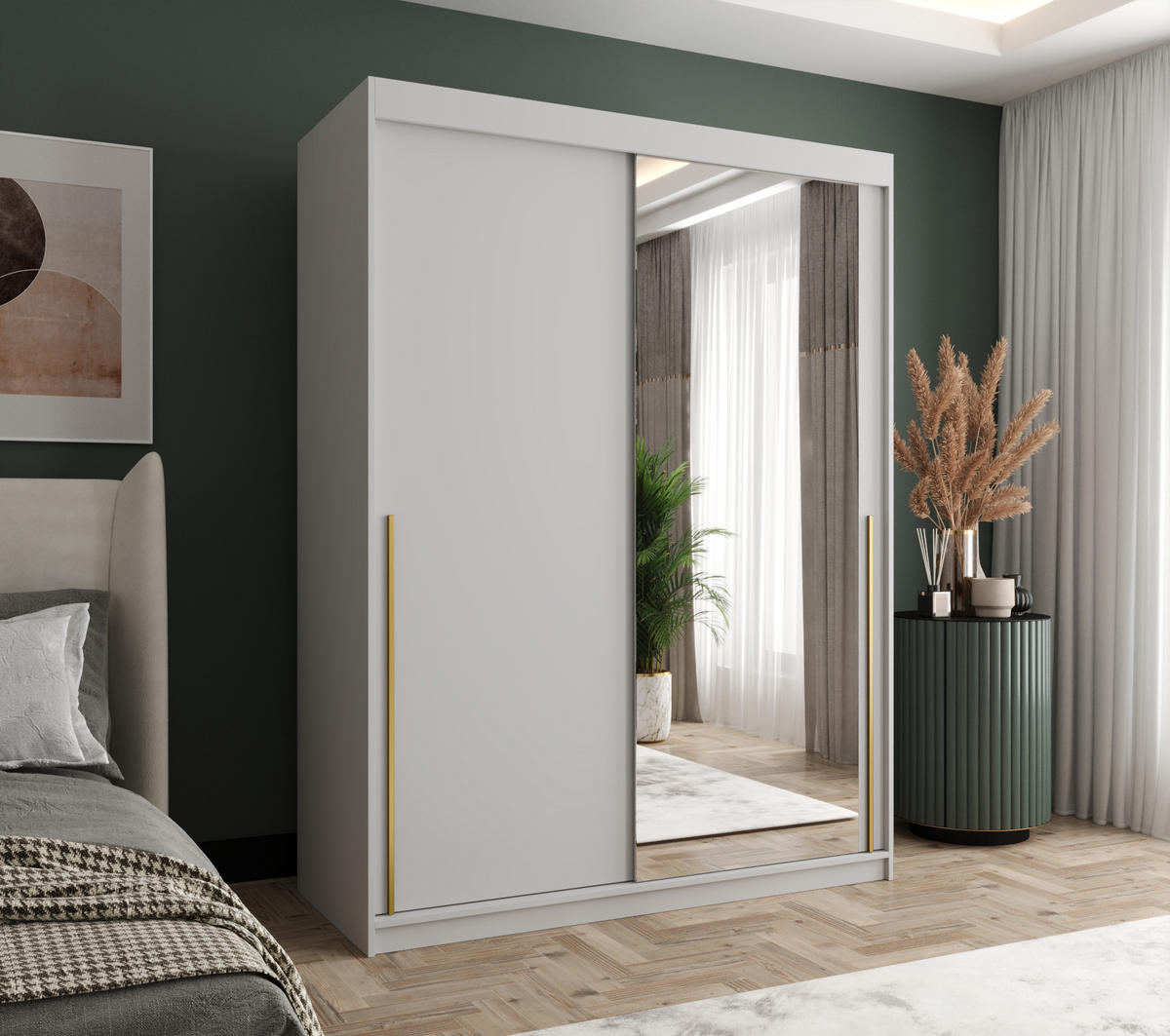 SCHIEBETÜRENSCHRANK mit Spiegel 150 cm Breite Weiß mit goldenem Griff - Goldfarben/Weiß, Holzwerkstoff (250/200/62cm) - Home Collective