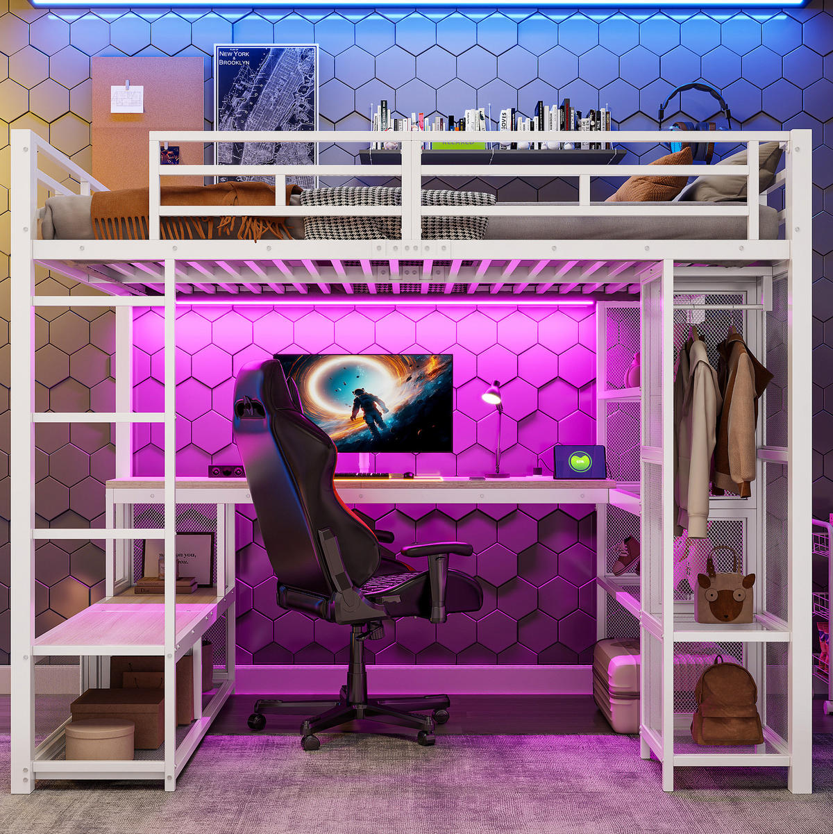 HOCHBETT 140x200 cm in Weiß mit Schreibtisch, offenem Kleiderschrank und LED-Beleuchtung - Weiß, Holzwerkstoff (140/200cm) - IVMEU
