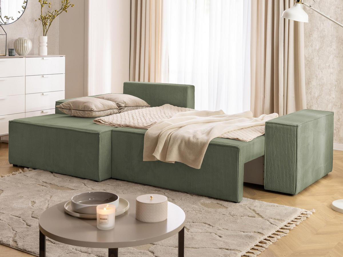 ECKSOFA Rivio mit Schlaffunktion und Bettkasten, Cordstoff Grün - Schwarz/Grün, Holz/Kunststoff (149/262cm) - S-Style