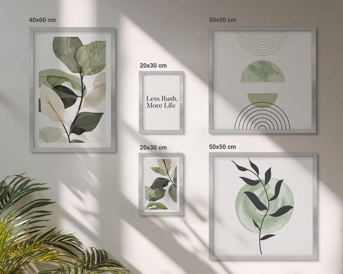 BILDER SET 5er Set - 50x50 cm & 20x30 cm & 40x60 cm Silberner Rahmen - Geometrische Pflanzenformen - Silberfarben, Kunststoff (40/60cm) - TULUP