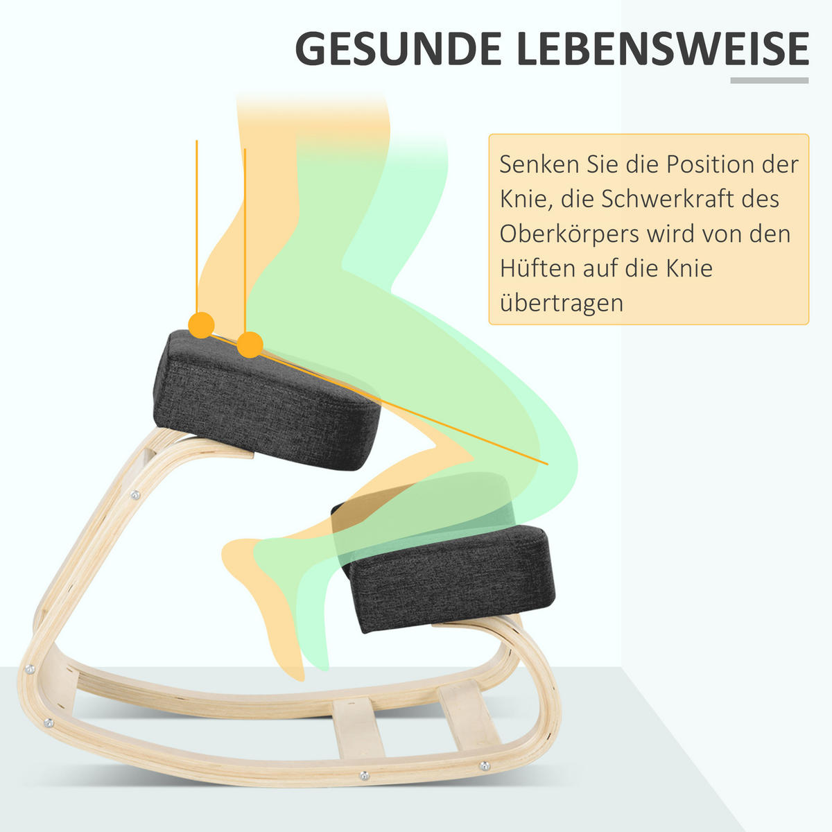KNIESTUHL, ergonomischer Sitzhocker, Polsterhocker, 120 kg belastbar, Schwarz - Schwarz, Holz/Textil (51/58/69cm) - Vinsetto