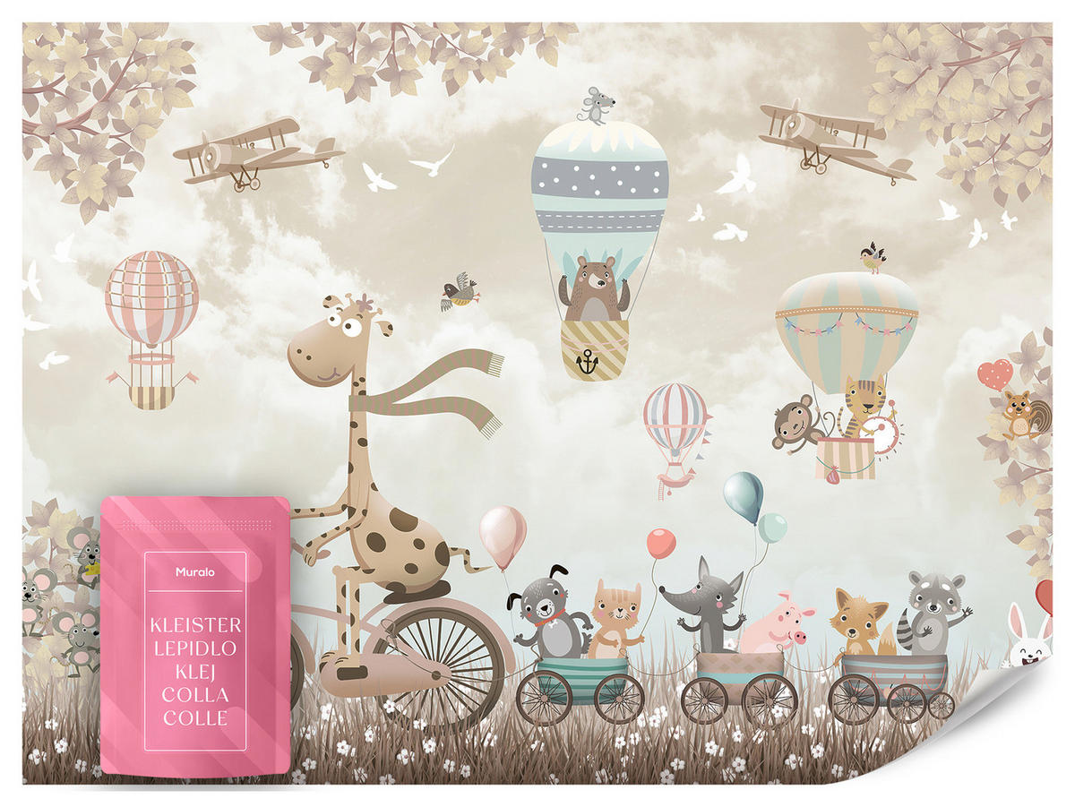 FOTOTAPETE Tiere auf Fahrrädern Luftballons Flugzeuge Pflanzen 450x315 - Blau/Beige, Papier (450/315cm) - Muralo