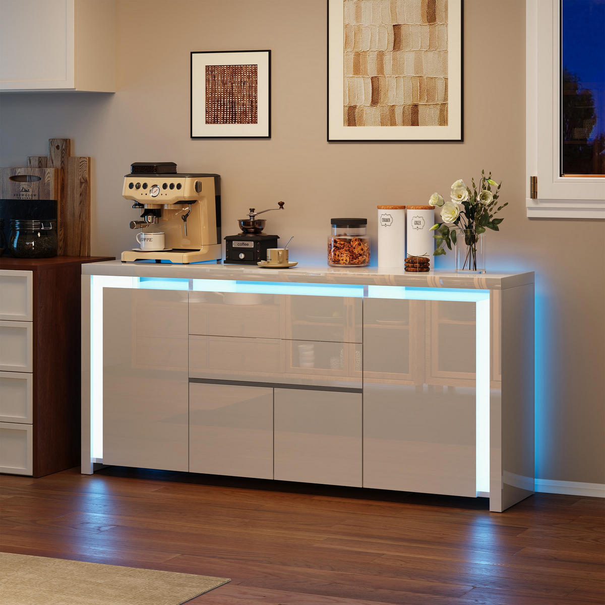 SIDEBOARD 160 cm Hochglanz mit LED, 4 Türen und 2 Schubladen, Küchenschrank mit Stauraum, Weiß - Weiß, Holzwerkstoff (160/35/75cm) - Waldena