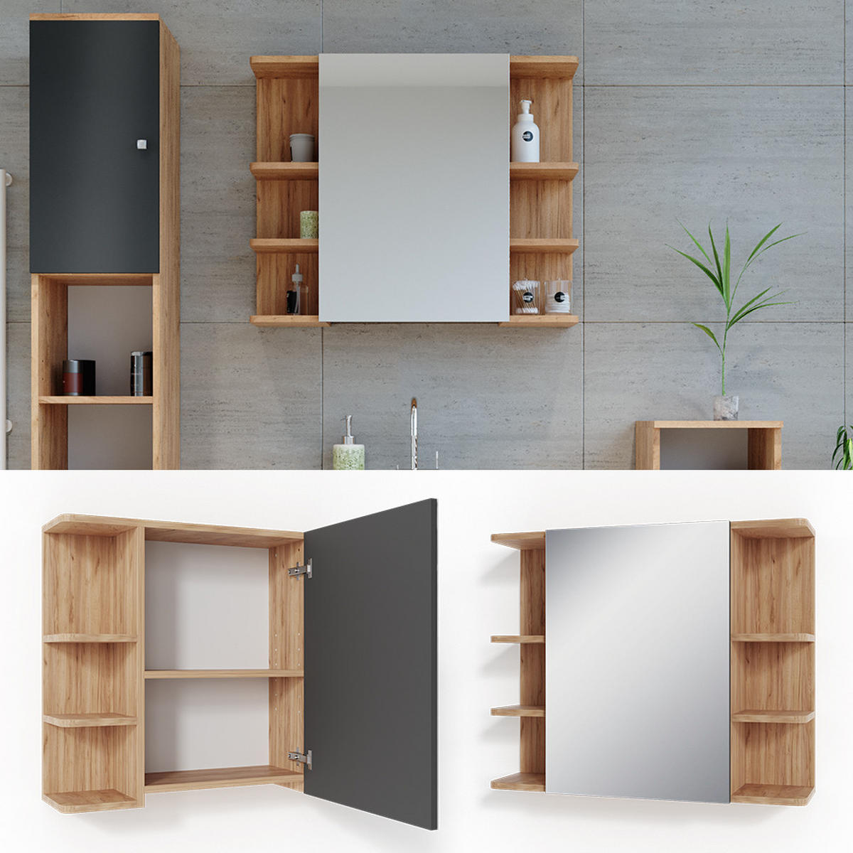 BADSPIEGELSCHRANK Fynn Goldkraft Eiche 79.6 x 64 cm - Anthrazit/Eiche Wotan, Holzwerkstoff (79.6/64/21.2cm) - Vicco