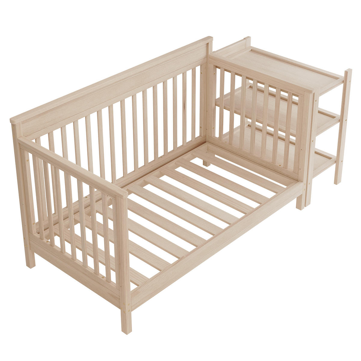 KINDERBETT 70/140 cm in Natur mit Wickeltisch, Regal und höhenverstellbarer Liegefläche Massivholz Design - Naturfarben, Holzwerkstoff (70/140cm) - STILVORA