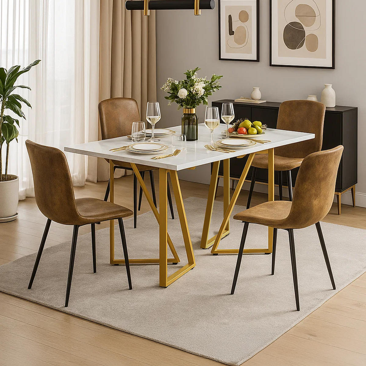 ESSTISCH SET Marmoroptik Weiß mit 4 Stühlen Wildlederoptik Braun - Braun, Holzwerkstoff (160/74/73cm) - Urban Meuble
