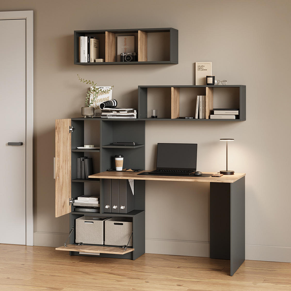 WANDREGAL Lorena Anthrazit/Goldkraft Eiche 90 x 30 cm 2er Set - Anthrazit, Holzwerkstoff (90/30/22cm) - Livinity®
