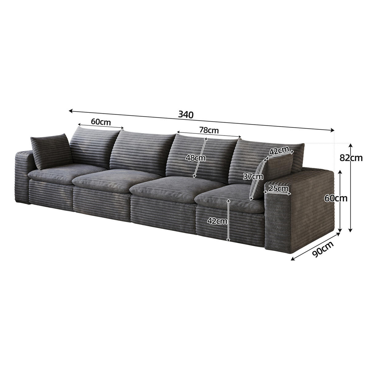 4-SITZER-SOFA aus Stoff Dunkelgrau mit abnehmbarer Polsterung und Schaumstoffkern - Dunkelgrau, Textil (340/60/90cm) - Modfu