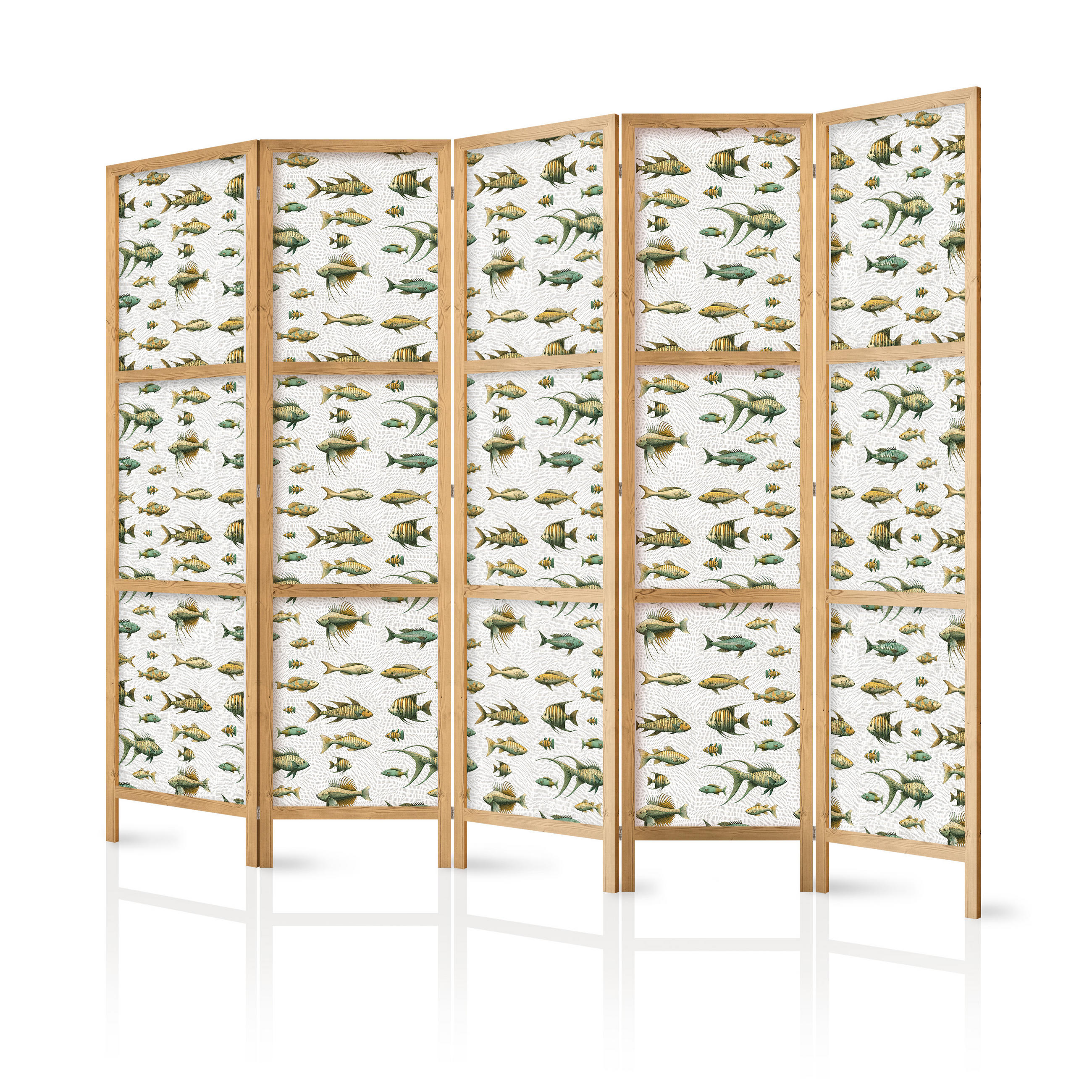 PARAVENT Japanischer 5-tlg 225x172 cm Bunte Fische - Grün, Holz/Textil (225/172/3cm) - Muralo