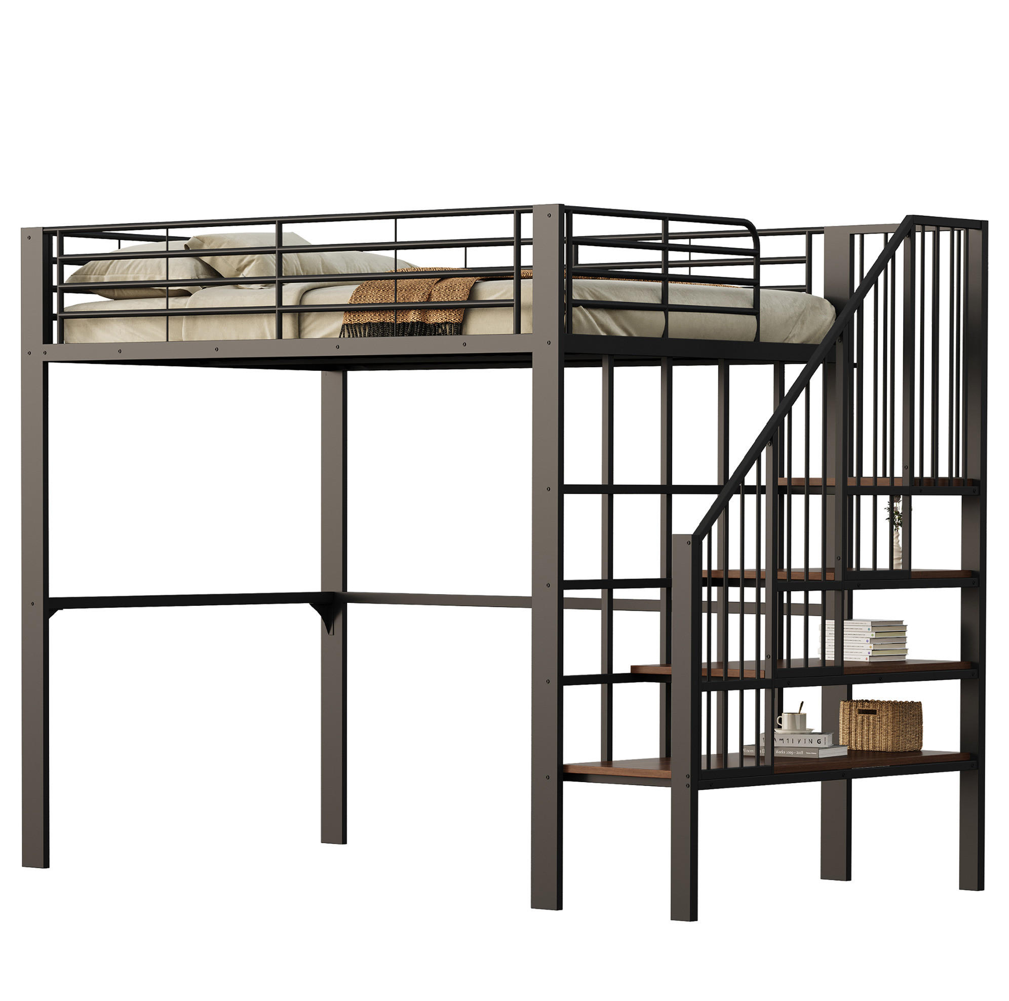 HOCHBETT 140/200 cm aus Metall in Schwarz – mit Treppe und Stauraum - Schwarz, Metall (140/200cm) - BEAOK