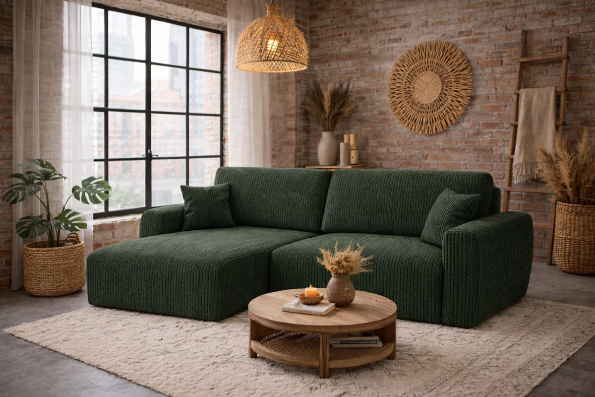 ECKSOFA Mit Schlaffunktion, Ariel XL, Cordstoff, Stoff Poso, Grün, Links - Grün, Holz (280/142cm) - Kaiser Möbel