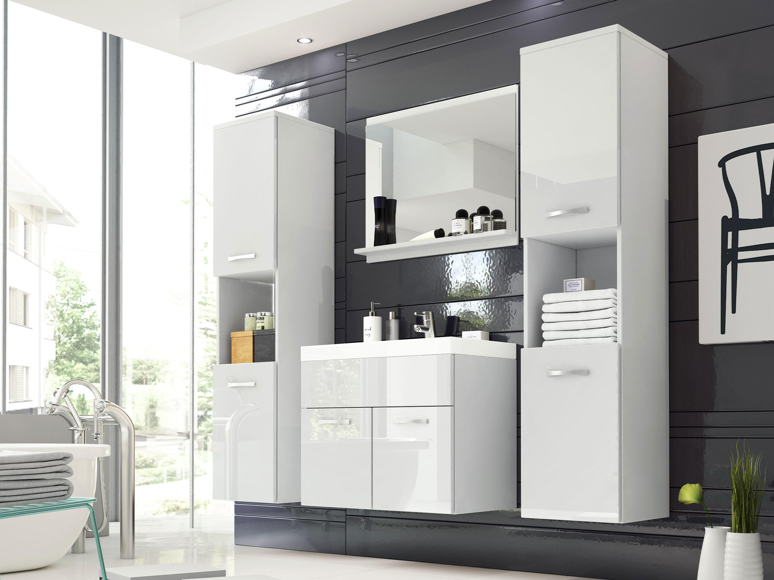 BADMÖBEL-SET Montreal XL - Weiß Hochglanz/Weiß, Holzwerkstoff (30/132/30cm) - MIRJAN24