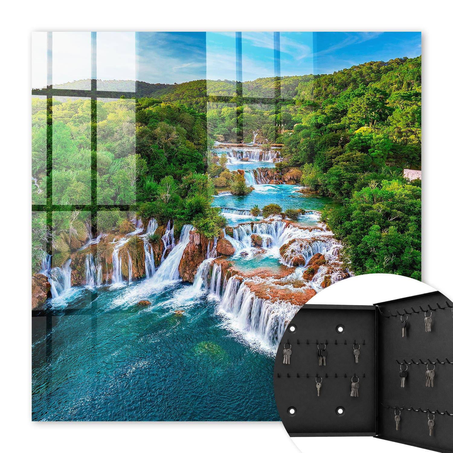 SCHLÜSSELBOX Schwarz 30x30 cm- Türöffnung nach rechts - Natürliche Wasserfälle - Grün, Metall (30/30/5cm) - TULUP
