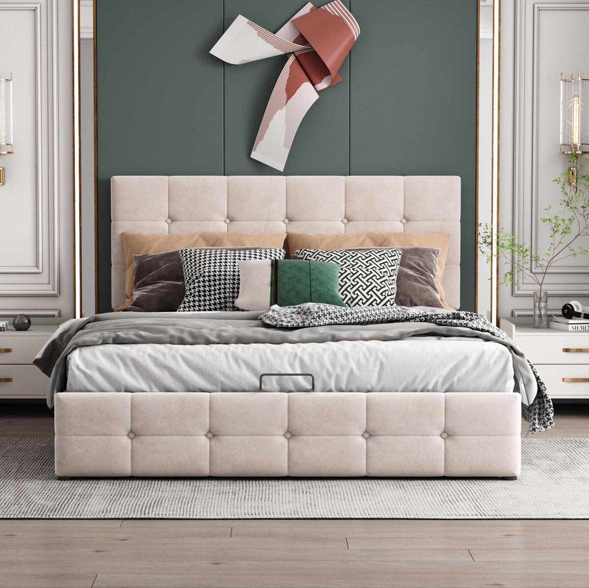 SAMT-POLSTERBETT 140/200 cm mit Bettkasten und höhenverstellbarem Kopfteil - Weiß, Textil (140/200cm) - BEAOK