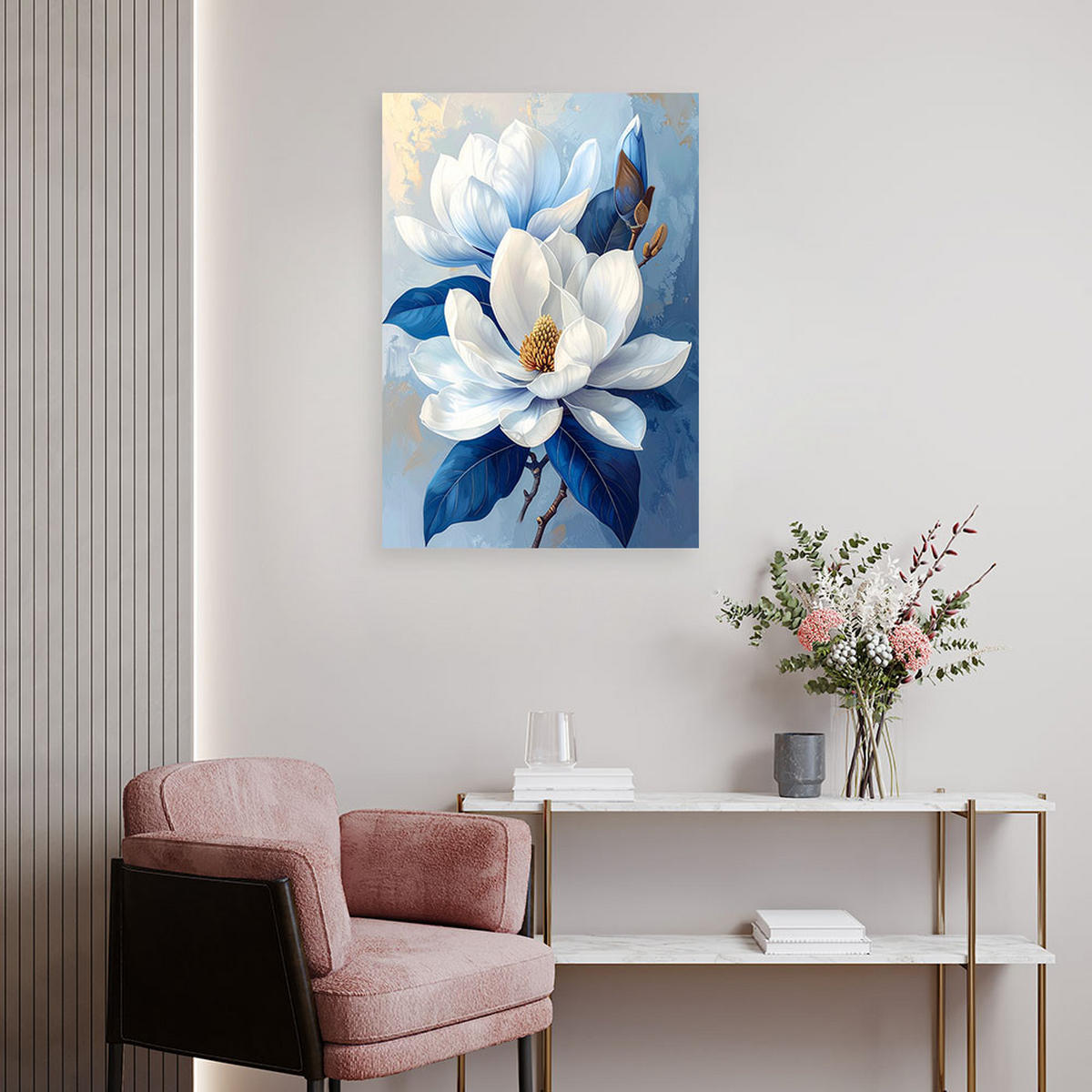 LEINWANDBILD, Weiße Magnolie auf intensiv blauem Hintergrund - Blau, Textil (40/60cm) - Feeby