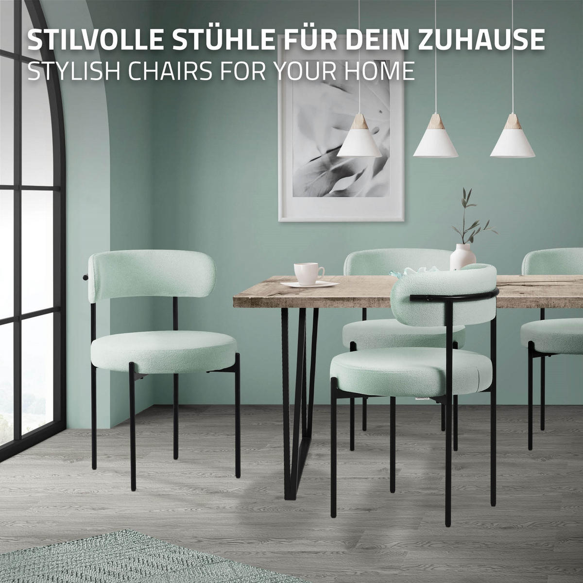 ESSZIMMERSTÜHLE 4ER-SET Grün Teddystoff - Schwarz/Grün, Metall (53/78/50cm) - ML-DESIGN
