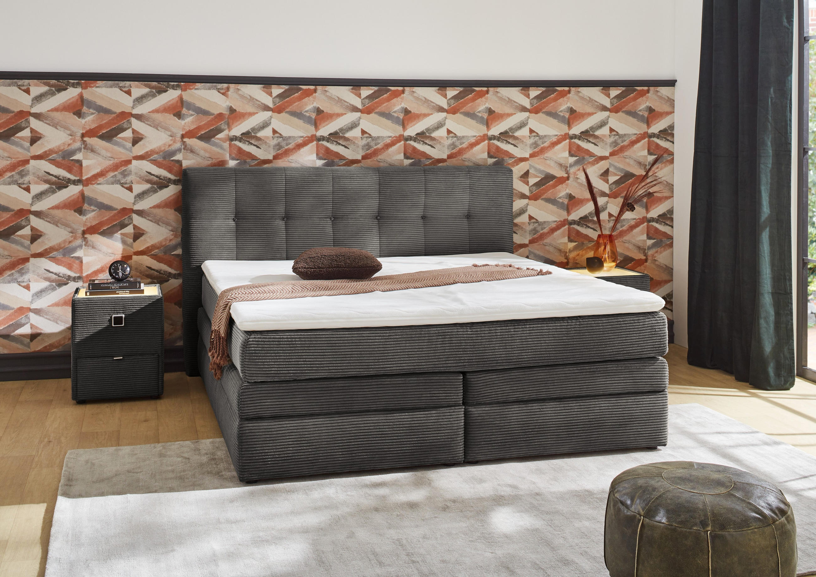 BOXSPRINGBETT 180x200 cm, 7-Zonen-Tonnentaschen-Federkernmatratzen H3, Topper, Bonell-Federkern, 2 Bettkästen, Cord Grau Anthrazit / 20038 - Anthrazit/Schwarz, Kunststoff/Textil (180/200cm) - luma-home