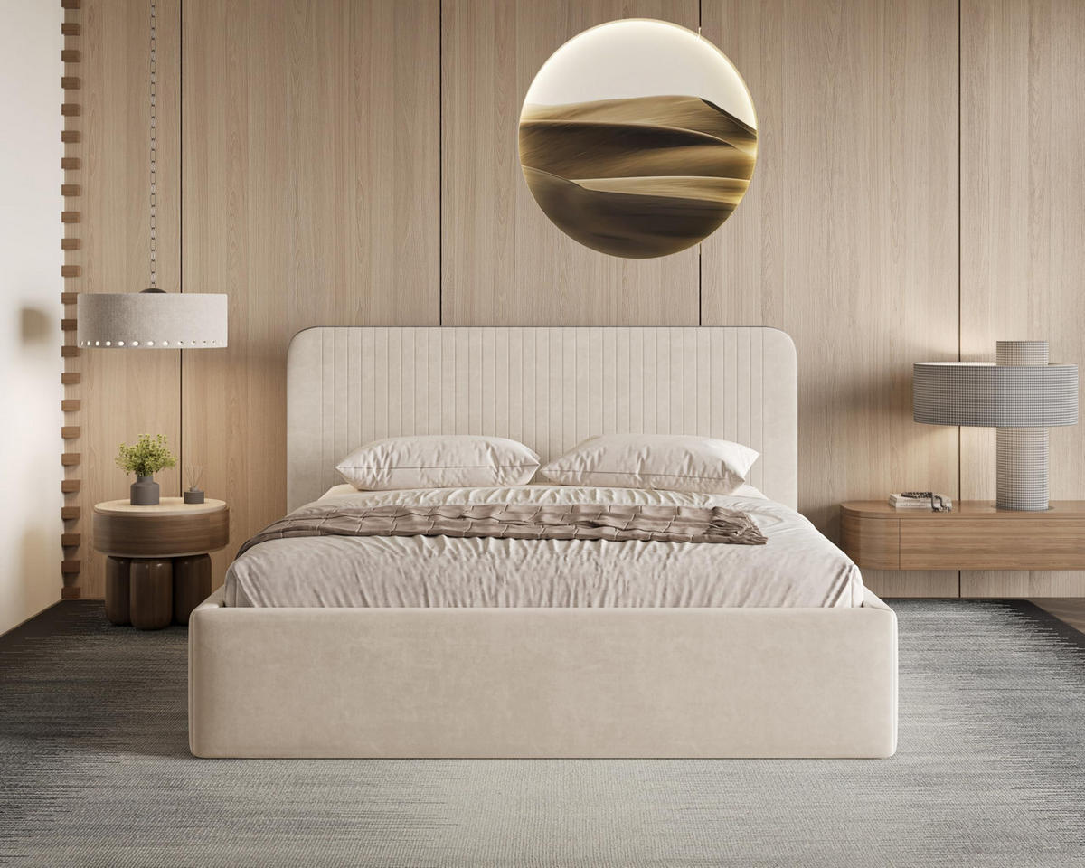 POLSTERBETT 180x200 cm mit Bettkasten, Lattenrost und Kopfteil, Eleganter Matt Velvet-Stoffbezug, Beige - Beige, Holz (180/200cm) - Chilly