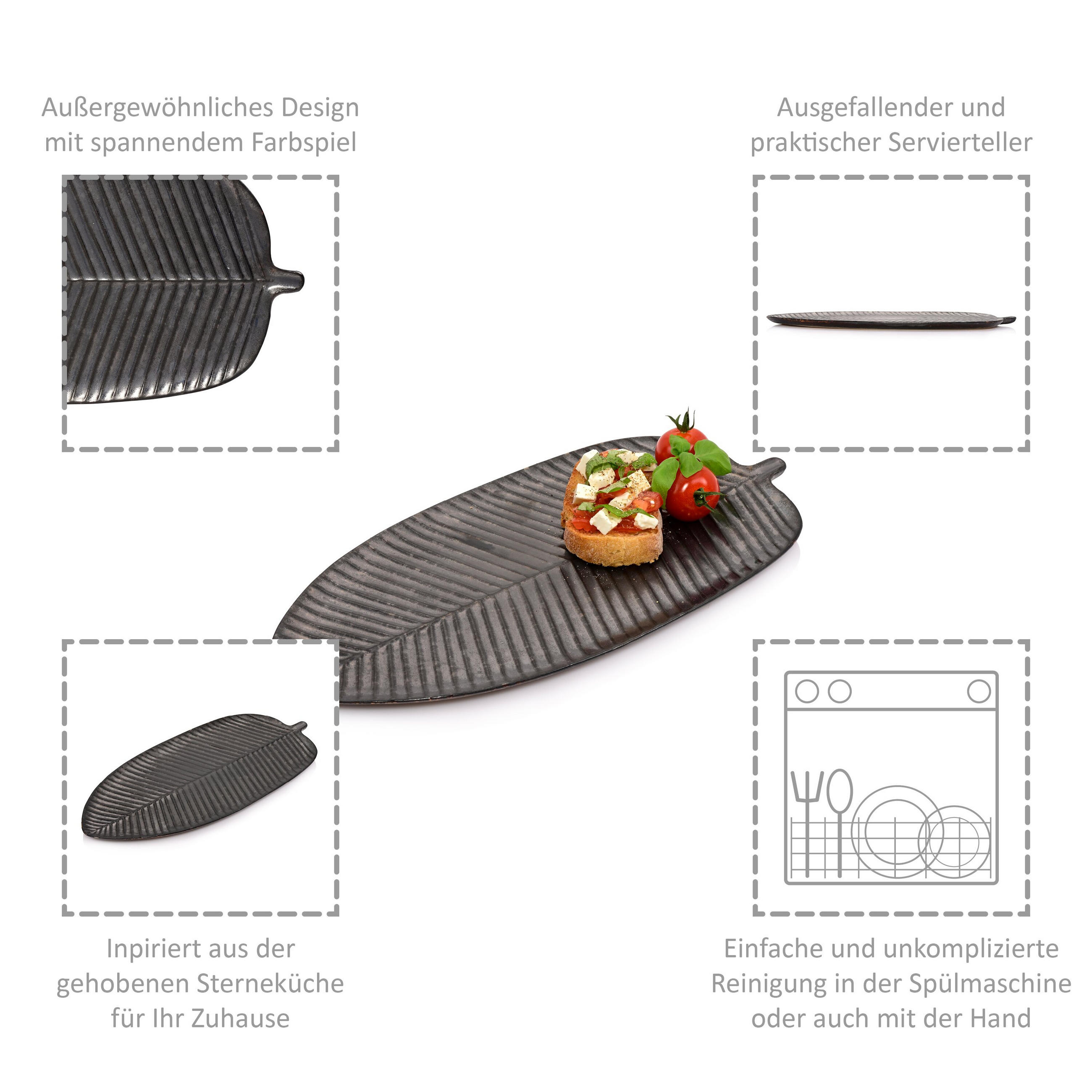 SERVIERTELLER TOMBEY - Blattoptik aus Steingut - Dunkelgrau, Keramik (39.3/11.95/22.25cm) - Sänger