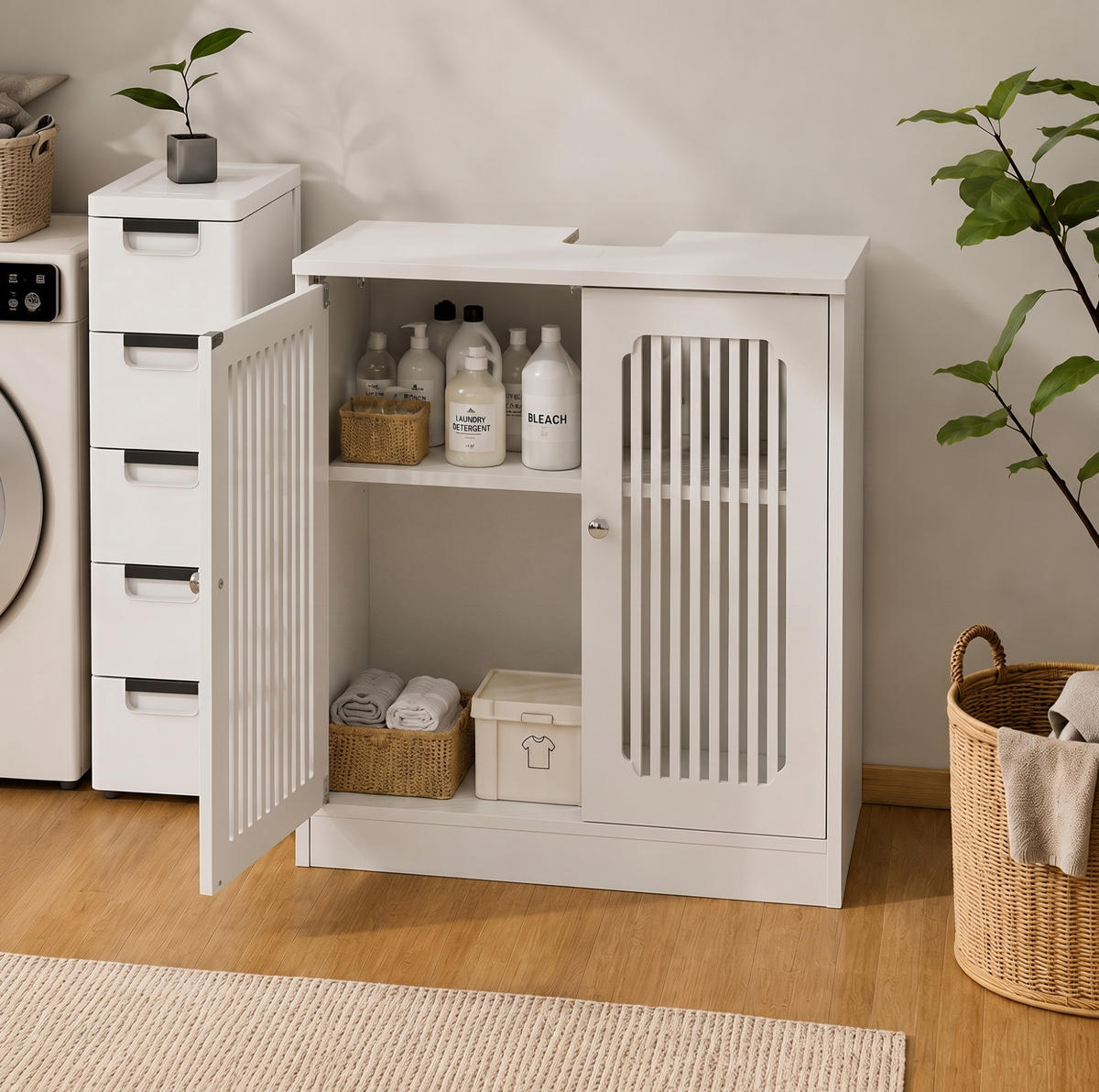 WASCHTISCHUNTERSCHRANK aus MDF 60x30x60 cm und Spanplatte Weiß mit Lamellenfront, verstellbarem Einlegeboden und Stauraum - Weiß, Holzwerkstoff (60/60/30cm) - Modfu