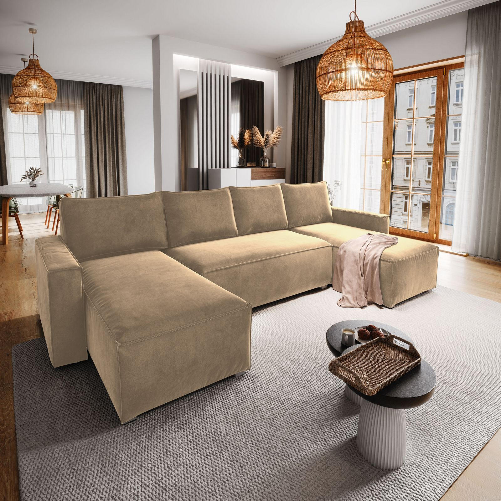 WOHNLANDSCHAFT DENI Creme Velours-Stoff mit Schlaffunktion - Creme, Holz (295/85/140cm) - MASSENO