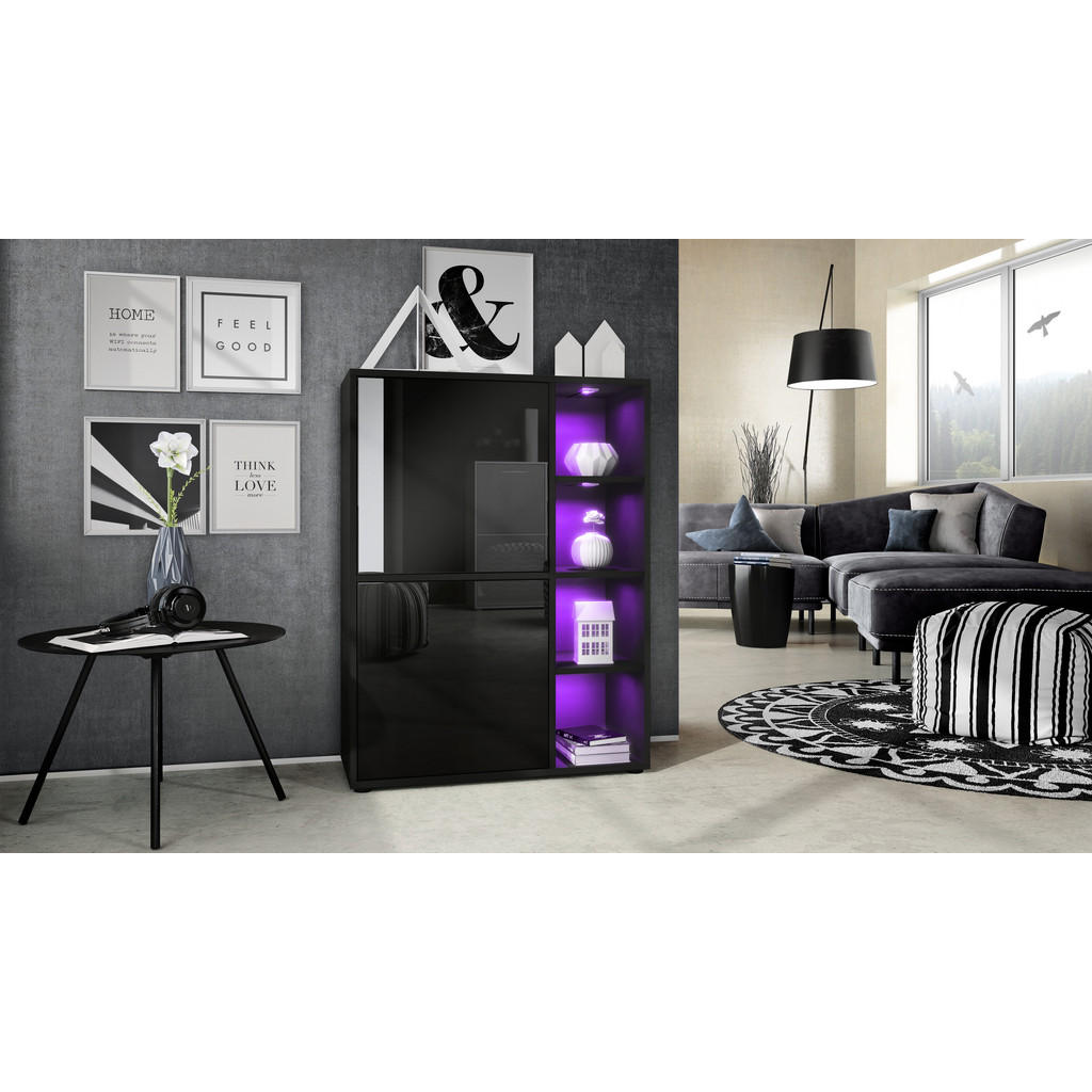 Thumbnail - Vladon Highboard, Schwarz Hochglanz, Holzwerkstoff, 79x105.5x35.5 cm, Wohnzimmer, Kommoden & Sideboards, Highboards
