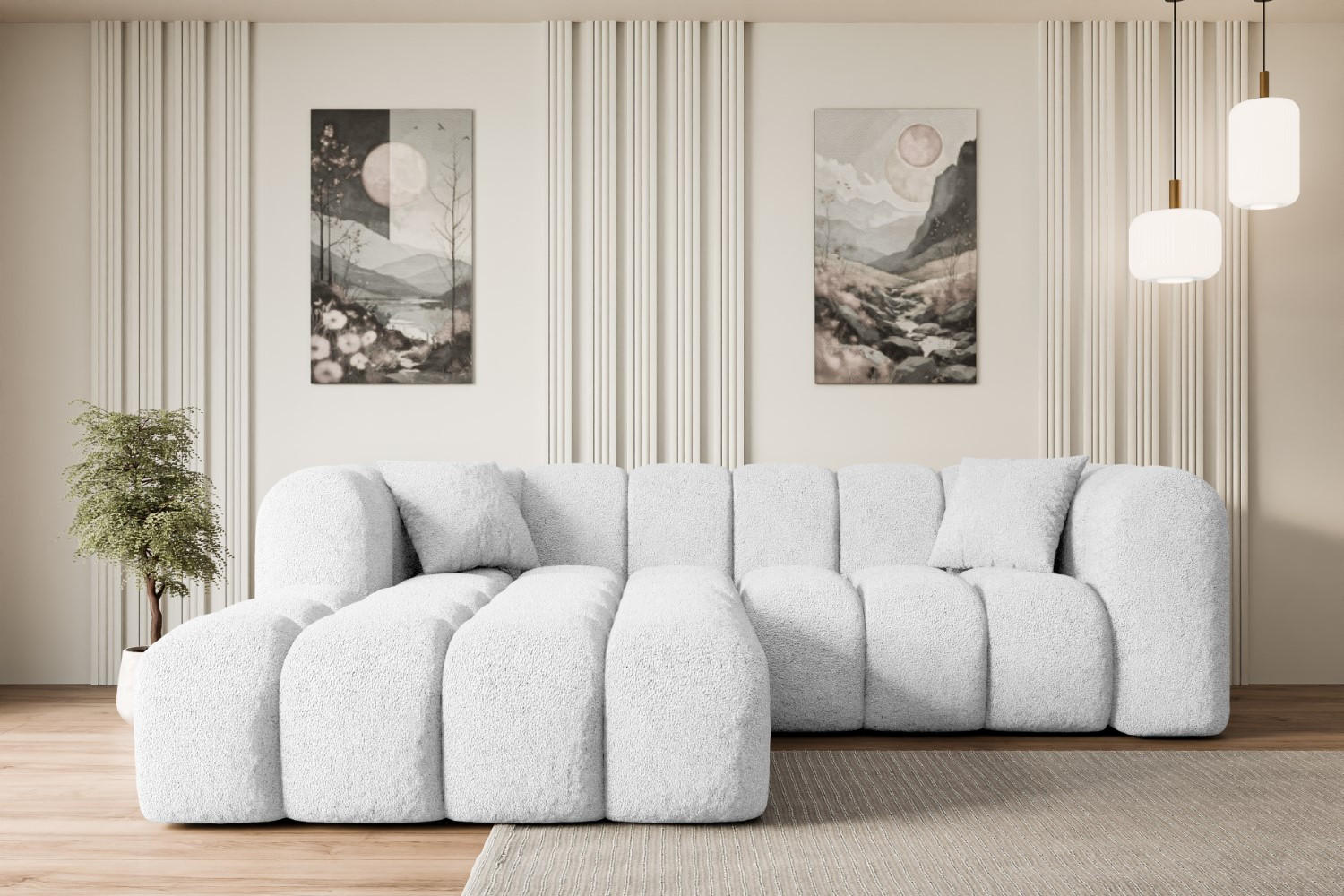 ECKSOFA Ottomane Links OLEA-L1 - 231x173x74 cm Weiß Bouclé - Schwarz/Weiß, Holzwerkstoff/Kunststoff (190/242cm) - ALTDECOR