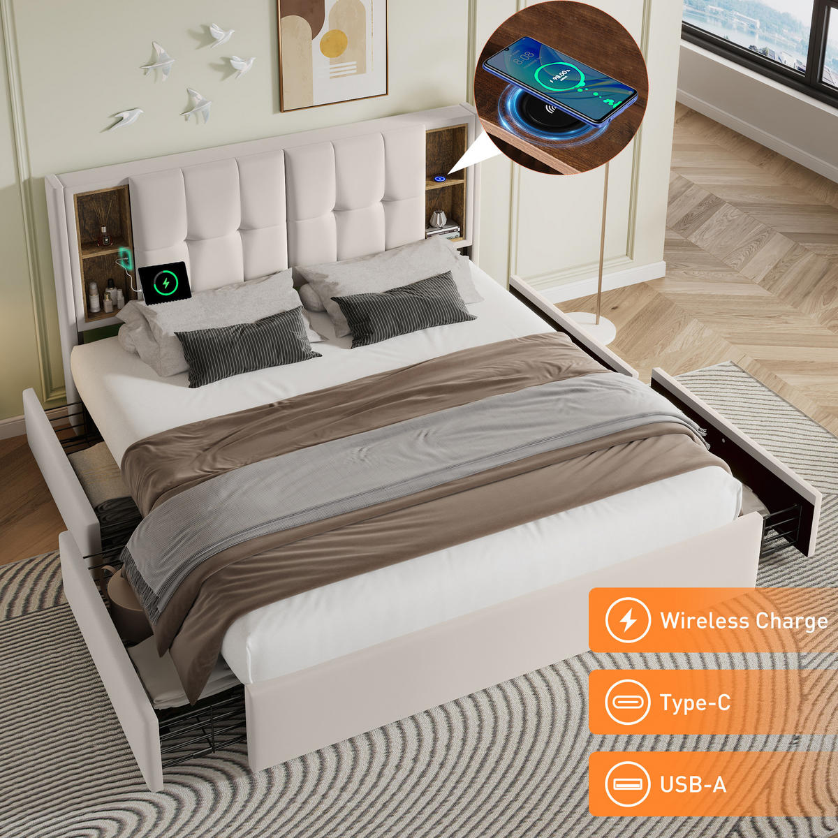 POLSTERBETT 160/200 cm in Beige Samt mit 4 Schubladen, Kabellosem Laden, USB und Type-C - Beige, Holzwerkstoff/Textil (160/200cm) - WISHDOR