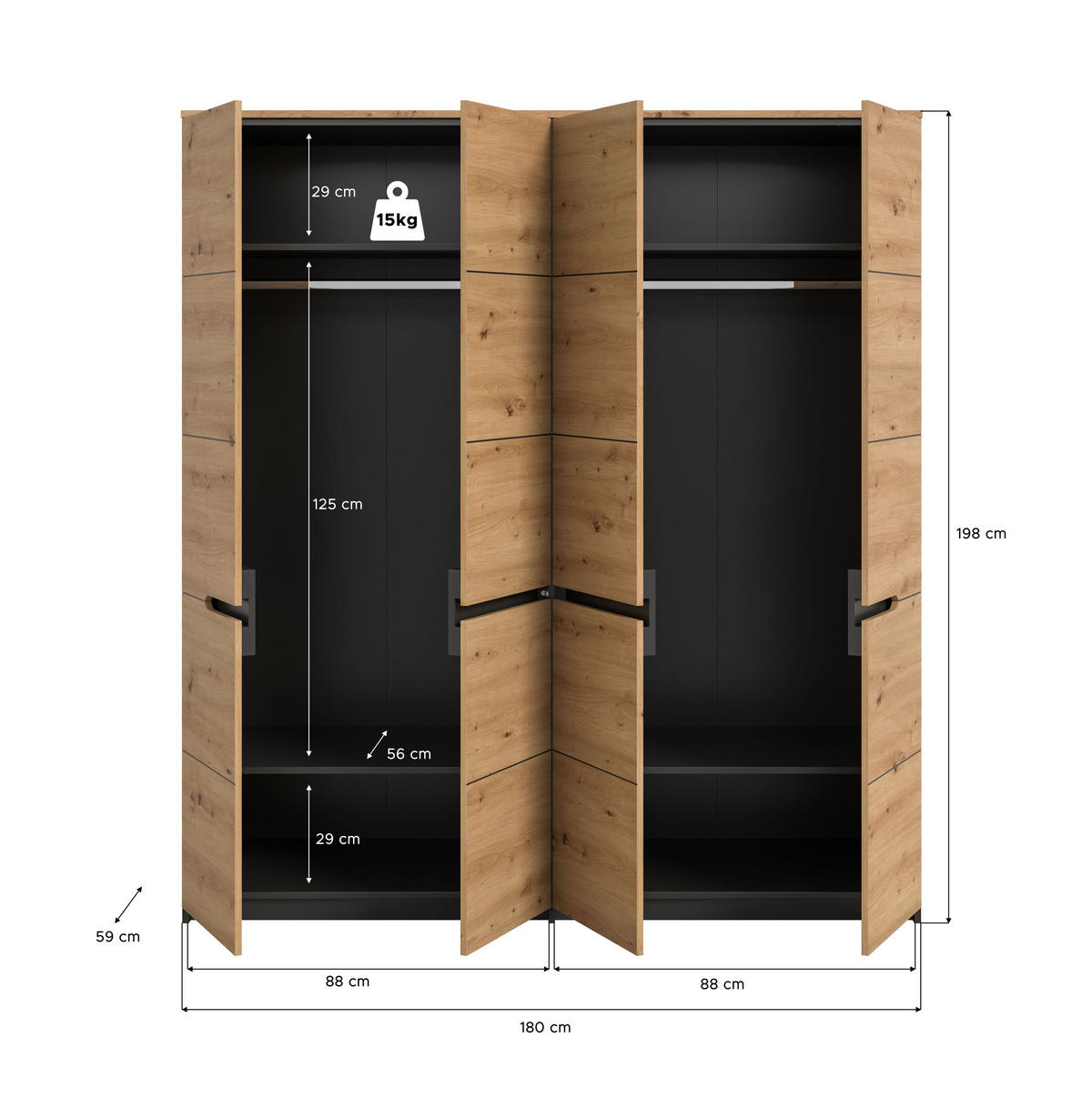 KLEIDERSCHRANK Sova 4-türig – Moderner Schrank in Eiche-Optik & Schwarz mit Stauraum - Eiche Artisan/Grau, Holzwerkstoff (180/198/59cm)