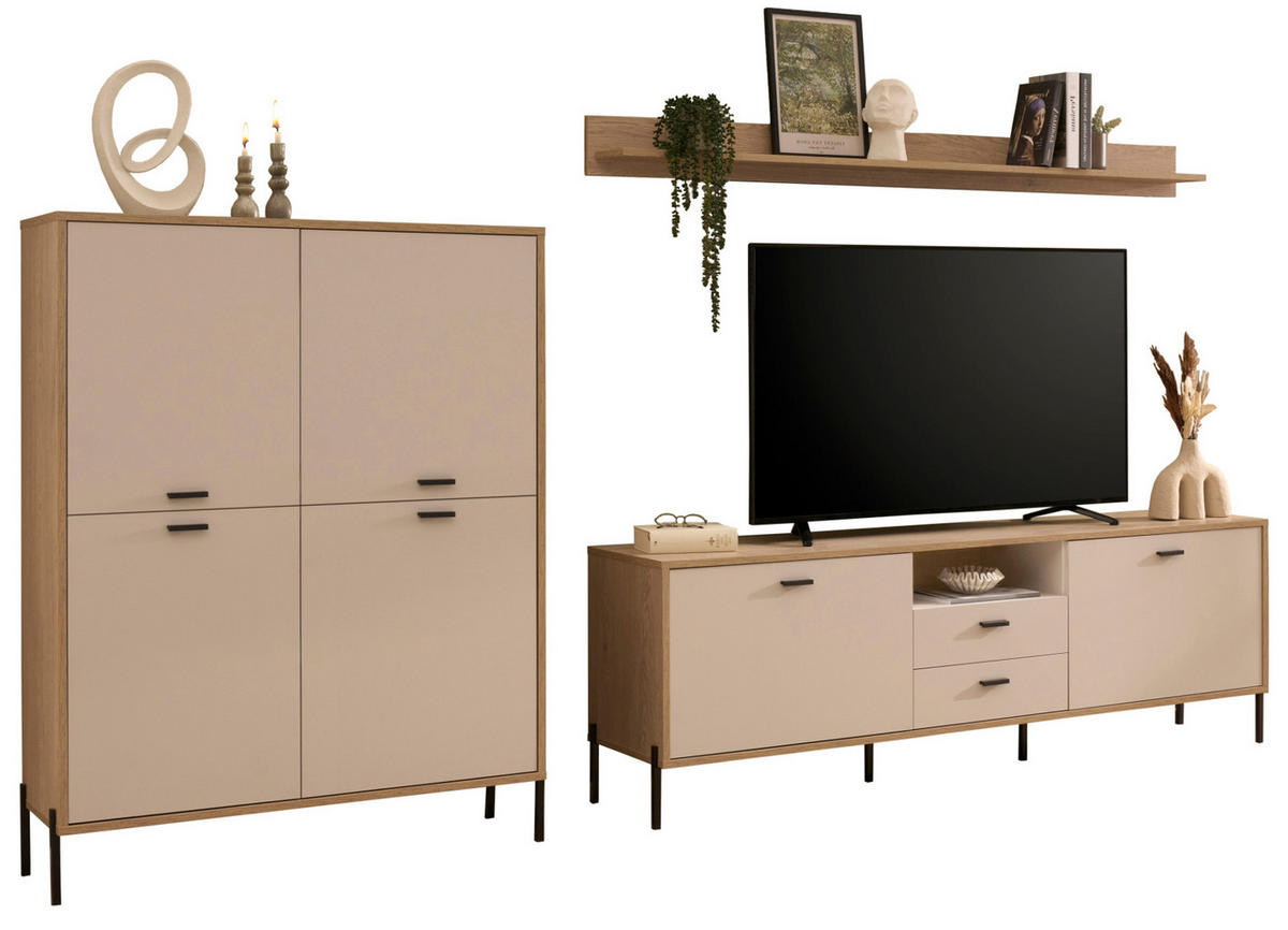 WOHNWAND Kaschmir, Eiche 320 cm Set 3-teilig, Wohnkombination mit Soft-Close - Kaschmir/Eichefarben, Holzwerkstoff/Metall (320/170/40cm) - Furn.Design