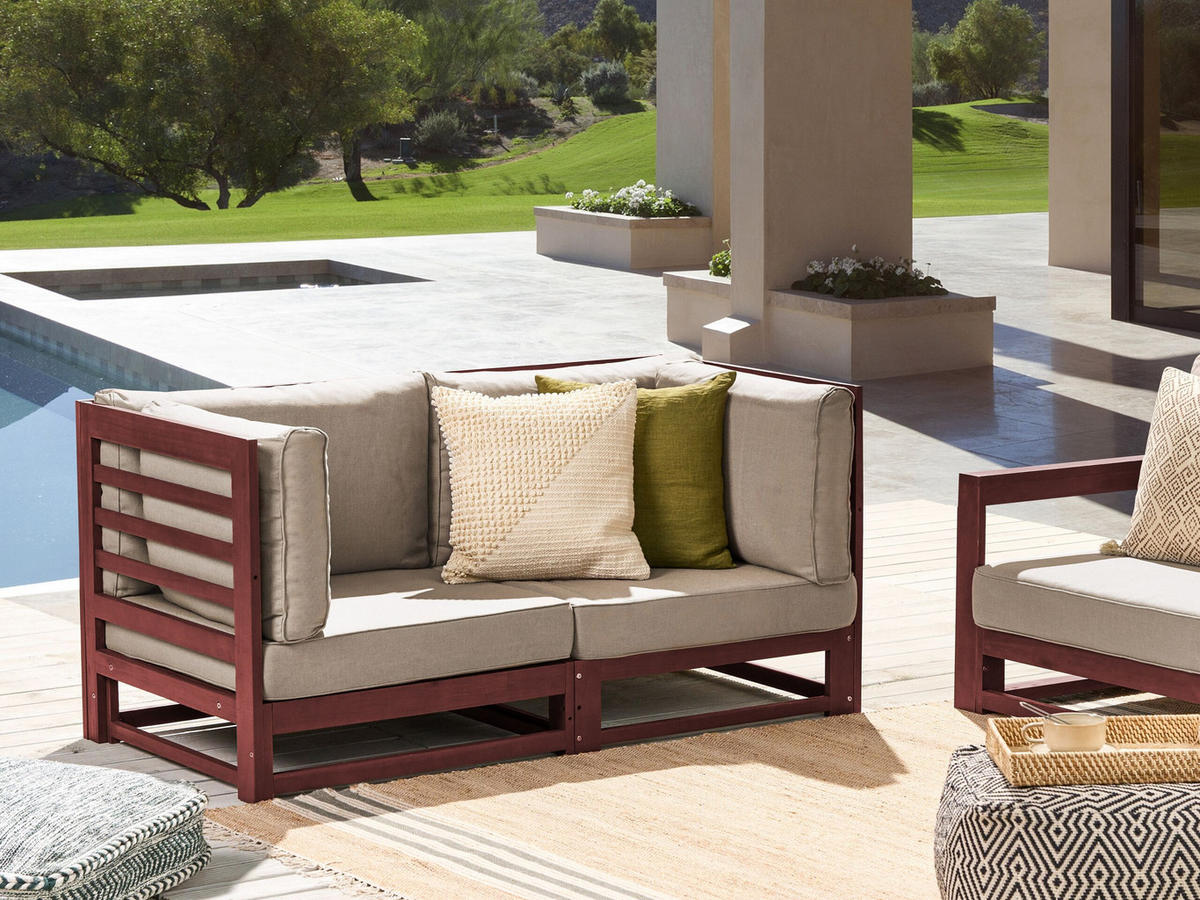 GARTENSOFA 2-Sitzer Akazienholz mahagonibraun Auflagen taupe Trani - Beige/Grau, Holz (150/72/75cm) - Beliani