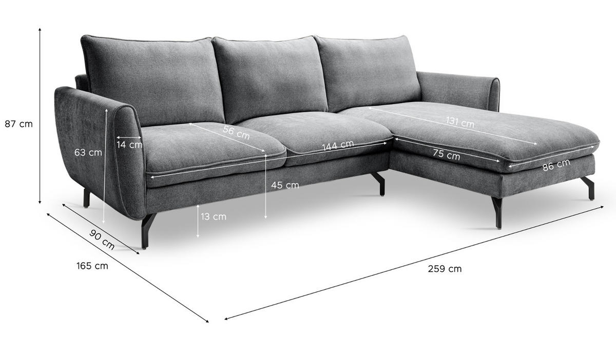 SOFA grau Webstoff 259 x 167 cm, Ecksofa 5-Sitzer, L-Sofa Ottomane rechts - Schwarz/Grau, Holz/Textil (259/167cm) - Inn.Furn
