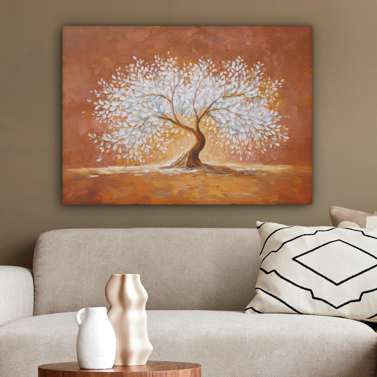 LEINWANDBILD Abstrakt - Baum - Weiß - Blätter Wandbilder 80x60 cm - Braun, Textil (80/60cm) - MuchoWow