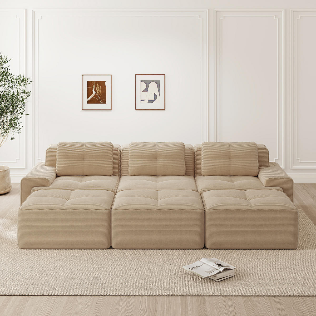 3-SITZER Sofa 293x177x69 cm aus Cordstoff rahmenlos modular mit 3 Hockern, beige - Beige, Textil (177/69/293cm)