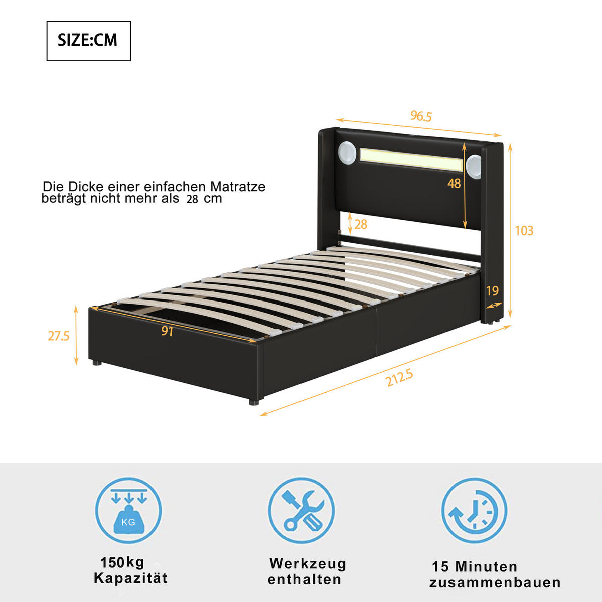 POLSTERBETT 90/200 cm schwarz mit LED-Beleuchtung und Bluetooth-Player - Schwarz, Kunststoff (90/200cm) - OKWISH