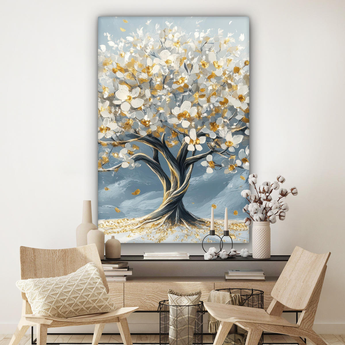 SLIKA NA PLATNU Drevo 90x140 cm - zlate barve, tekstil (90/140cm) - MuchoWow