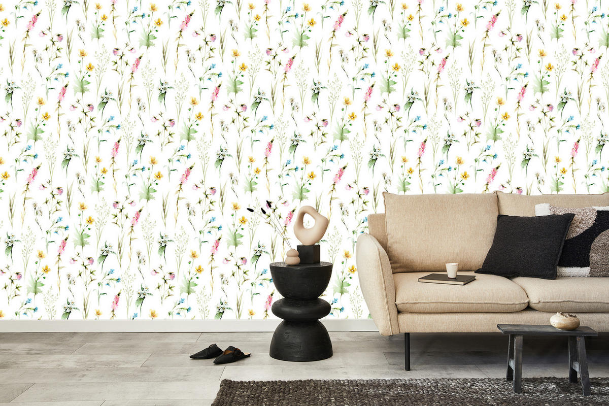 VLIESTAPETE Wildblumen im Boho-Stil – Grün, Bunt, Weiß – 50x1000 cm - Multicolor/Weiß, Papier (50/1000cm) - Muralo