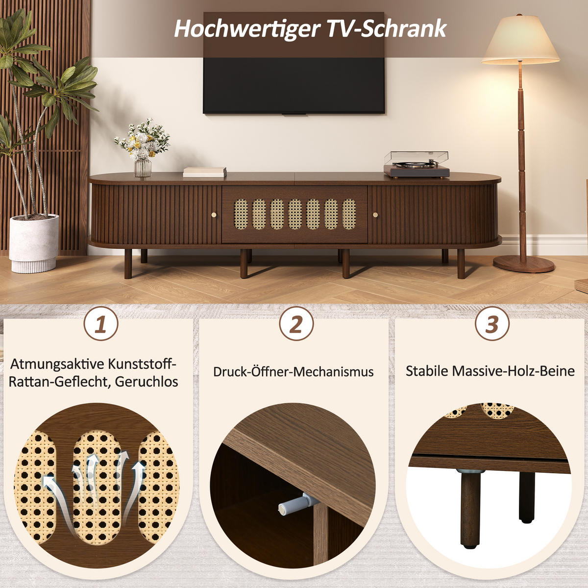TV-LOWBOARD 180x40x40 cm Nussbaum Rattan 1 Tür MDF Oval - Walnussfarben, Holzwerkstoff (40/40/180cm) - FLIEKS