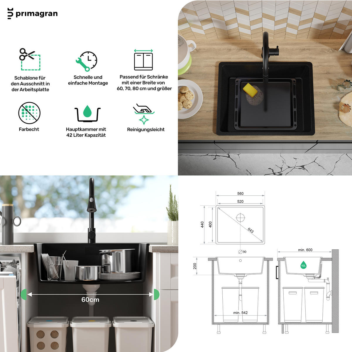 SPÜLBECKEN Venedig Slim Easy, 2-er set Alles Schwarz 56/44 cm 1 Becken + Ablauf-Set ab 60er Unterschrank - Schwarz, Kunststoff (56/20/44cm) - Primagran