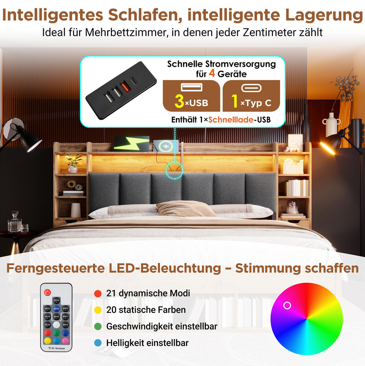SYSTEMBETT 160/200 cm mit LED-Beleuchtung, USB-Anschlüssen, Stauraum und Rollschubladen , Eichefarben - Eichefarben, Holzwerkstoff (160/200cm) - Redom